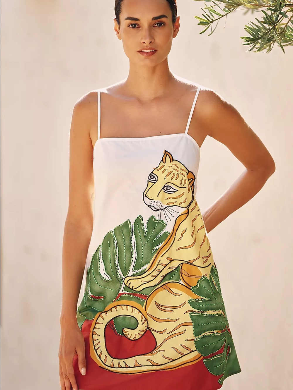 White Tiger-Print Mini Dress with Green Leaf Accents